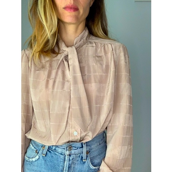 NWT Vintage Dead Stock Stripped Pussy Bow Beige Blouse - Picture 12 of 16